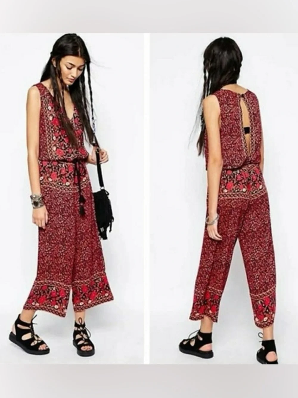 Free People Size Small Sleeveless Red Floral Jumpsuit with Tie Waist